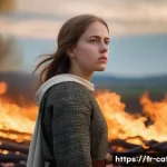 순교자의 피와 유적 이야기 - **Prompt:** "A young woman resembling Joan of Arc stands defiantly at the stake, flames rising aroun...